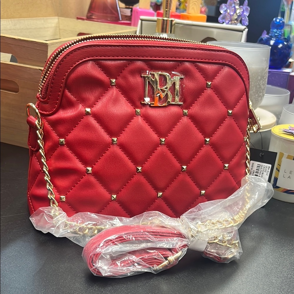 Badgley Mischka Red and Gold Crossbody Bag with Quilted Design